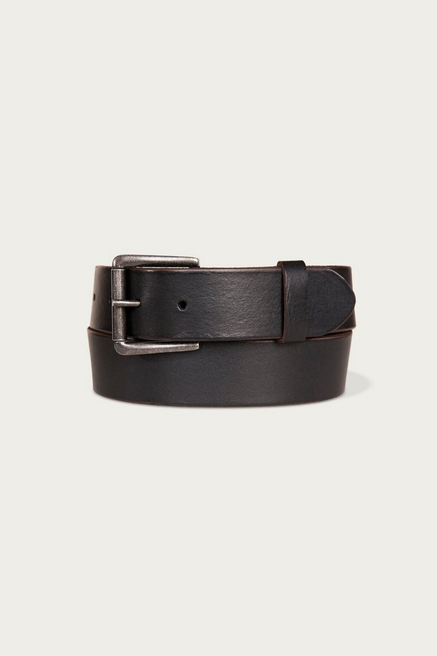leather jean belt with roller buckle and rivets